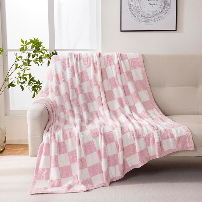 YIRUIO Throw Blanket Checkered Chessboard Fluffy Fuzzy Warmer Comfort Reversible Super Soft Cozy for Home Decor Bed Couch Sofa Living Room (Pink, 60''x80'')
