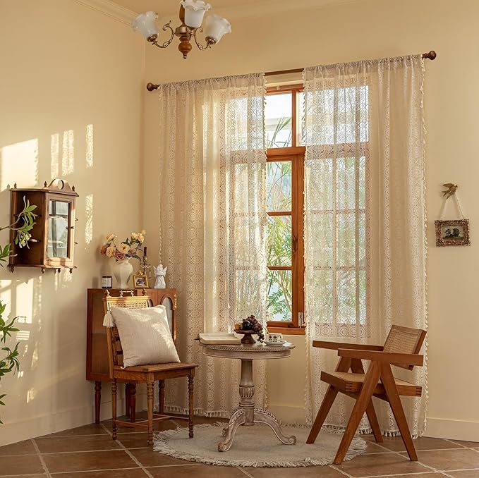 YJ YANJUN Beige Sheer Curtains 80 Inch Length for Living Room 2 Panels Shabby Chic Lace Crochet Curtains Light Filtering Boho Country Rustic Semi Sheer Farmhouse Curtains W59 x L80 Light Beige/Cream