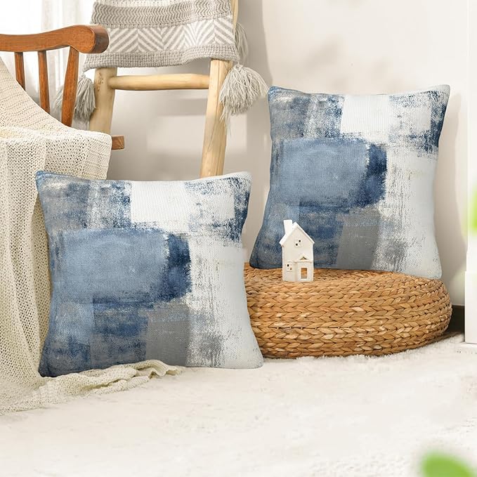 Blue and Grey Abstract Art Pillow Covers 18X18 Set of 2, Grunge Style Oil Painting Decorative Throw Pillow Covers, Pillowcase Cushion Case for Home Sofa Couch Indoor Outdoor Decorations