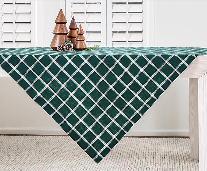 Solino Home Linen Tablecloth 52 x 52 Inch - 100% Pure Linen Windowpane Dark Green Square Tablecloth - Machine Washable Table Throw for Christmas, Holiday, Xmas, Winter
