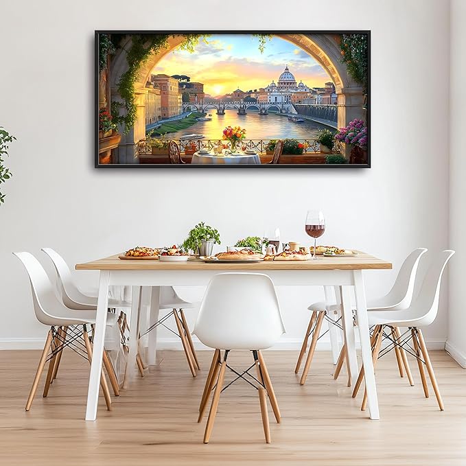 Tiber River in Rome Italy Large Wall Art Framed Wall Decor for Living Room, Cityscape Pictures Oversized Canvas Print Painting Modern Extra Large Framed Artwork for Bedroom Office Home Decor 60"x30"