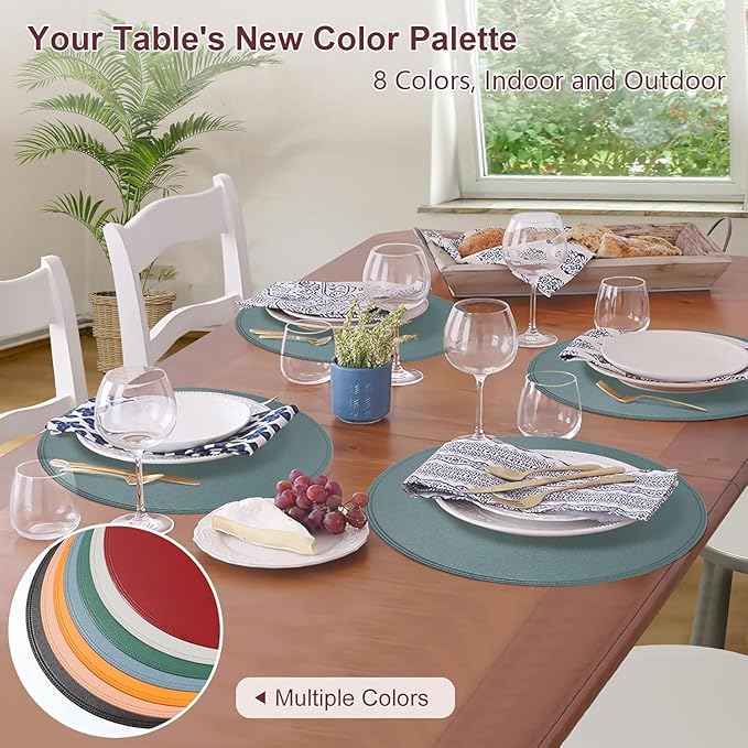 Round Vinyl Blue Placemats Set of 6, Faux Leather Waterproof Wipeable Heat Resistant Place Mats, Washable Table Mats for Halloween, Thanksgiving & Christmas Dinner(Light Blue)