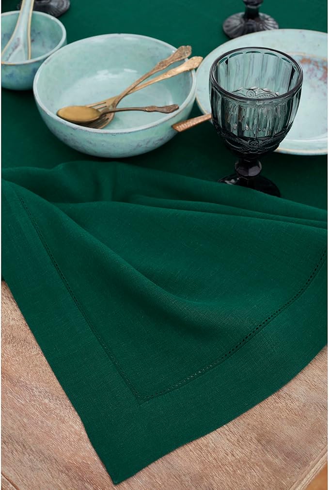 Solino Home Linen Tablecloth for Rectangle Tables 60 x 144 Inch - Classic Hemstitch 100% Pure Linen Rainforest Green Table Cloth - Machine Washable Cloth Tablecloth for Autumn, Thanksgiving, Winter