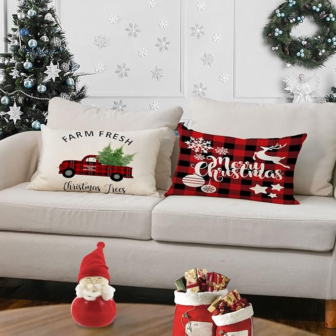 Neatee Living Christmas Pillow Covers 12x20 Set of 4 Red Xmas Vintage Throw Pillows Christmas Tree Deer Snowman Pillow Cases Outdoor Sofa Couch Cushion Covers for Home Decorations (12 by 20)