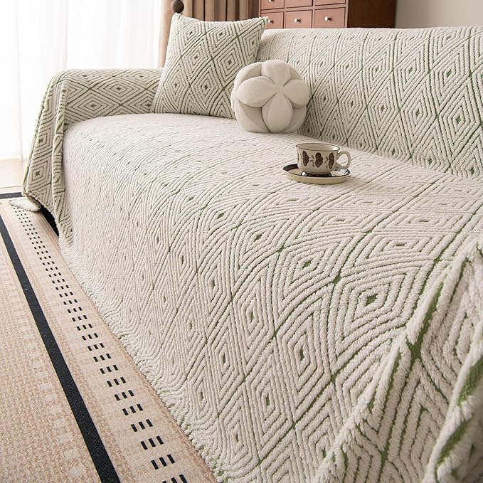 ROOMLIFE Striped Boho Green Couch Cover for 2-3 Cushion Sofa, Fuzzy Plush Warm Sofa Slipcovers Sectional Sofas Covers, Non Slip Washable Furniture Protector Soft with Tassel,Winter 71''X118”