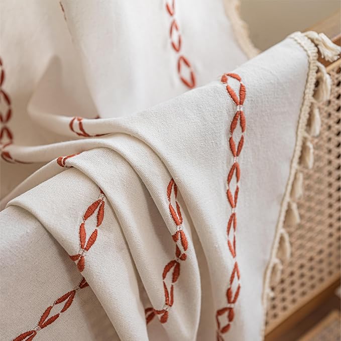 Sutuo Home White and Terracotta Boho Curtains for Bedroom Living Dining Room 90 Inches Long, Light Filtering Cotton Embroideried Bohemian Striped Farmhouse Autumn Halloween Decor,1 Panel,52" W x 90" L