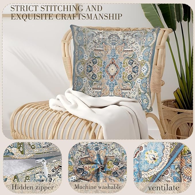 Boho Floral Throw Pillow Covers 20x20 inch Set of 2,Blue Boho Rug Geometric Floral Pattern Decor Double Sided Pattern Cushion Cover Soft Pillow Case Living Sofa Room Bed Square Pillow Cover