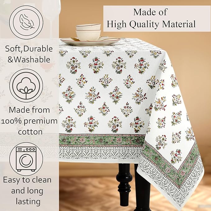 CPC Tablecloth 100% Cotton 70x118 Inch Indian Block Print Rectangle Table Cover, Table Cloth for Weddings, Spring/Summer, Barbeque -Forest Green