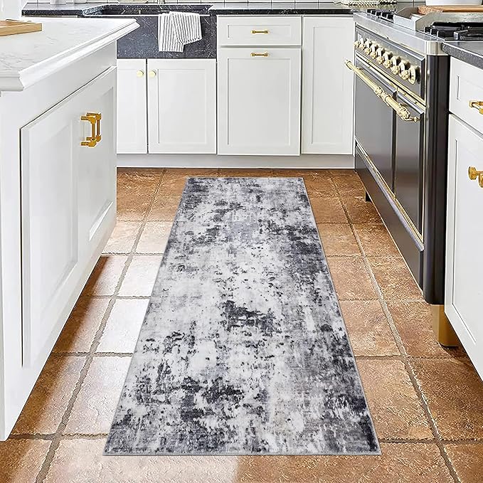 Modern Abstract 2x7 Runner Rug Washable Non Slip Stain Resistant Rug for Hallway Kitchen Bedroom Non Shedding Low Pile Indoor Floor Cover,Grey