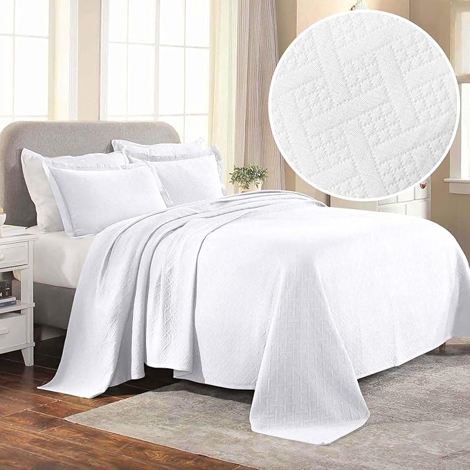 Superior 100% Cotton Basket Weave Bedspread with Shams, All-Season Premium Cotton Matelasse Jacquard Bedding, Quilted-Look Geometric Basket, Queen, White