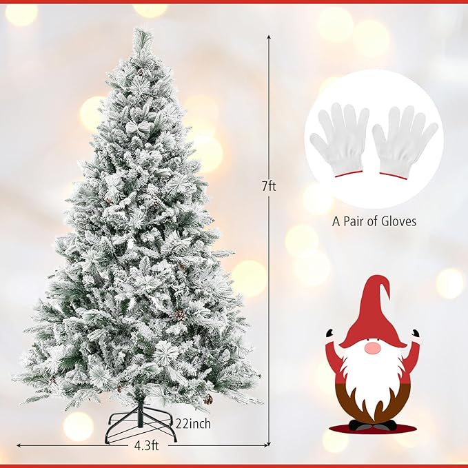 HAPPYGRILL 7 FT Pre-lit Artificial Christmas Tree, Snow-Flocked Xmas Tree with 320 Multi-Color LED Lights, 8 Lighting Modes, 1270 Branch Tips, Pine Needles, Hinged Tree for Home Office Party