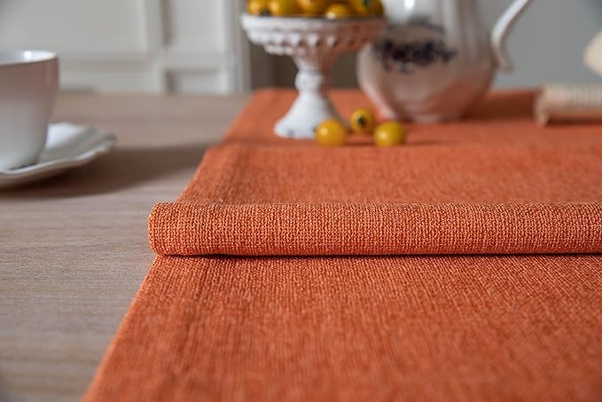 ZeeMart Burlap Style Farmhouse Table Runners 72 Inches Long, Burnt Orange Rustic Woven Dining Fall Table Runner for Everyday Use, 14x72 Inches, Harvest Pumpkin