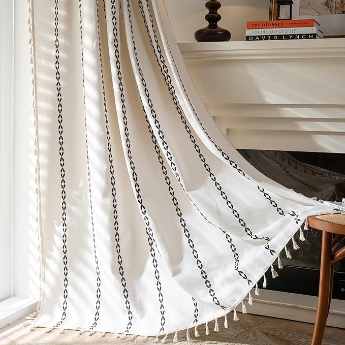 Sutuo Home Boho Curtains 84 Inches Long, White and Black Bohemian Drape for Bedroom Living Room, Light Filtering Country Semi Blackout Farmhouse Window Treatment Rod Pocket, 1 Panel W52 x L84
