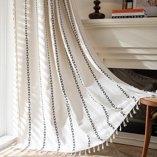 Sutuo Home Boho Curtains 108 Inches Long, Bohemian Drape for Bedroom Living Room, Privacy Country Semi Blackout Farmhouse for Halloween Decor Rod Pocket, 1 Panel W52 x L108 White and Black