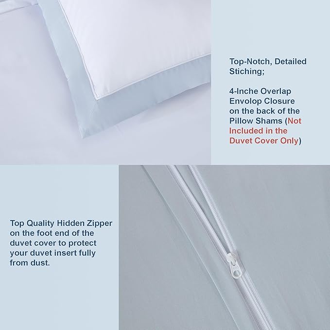 THE COTTON & SILK® 100% Luxury Long-Staple Cotton Duvet Cover - Soft & Breathable - Include 1 Duvet Cover with Corner Ties & Hidden Zipper - White + Misty Blue, King/California King Size