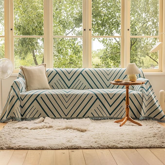 VClife Boho Farmhouse Couch Cover 71''x150'', 1 pc Washable Sofa Covers for 3 Cushion Couch Sofa Kids Soft Chenille Beige Green Herringbone Home Decor Couch Covers for Bed Sofa Living Room Slipcover