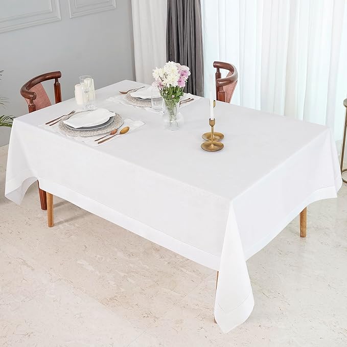 D'Moksha Homes White Linen Tablecloth for Rectangle Tables 60 x 132 Inch - 100% Pure Linen White Table Cloth - Classic Hemstitch, Machine Washable Dining Tablecloth for Thanksgiving, Christmas