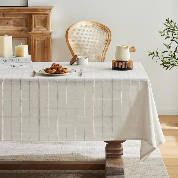 ZeeMart Linen Checked Table Cloth, Farmhouse Style Plaid Embroidered Neutral Tablecloth, Water Resistant Rectangle Table Cloth, Ivory 60x120 Inches