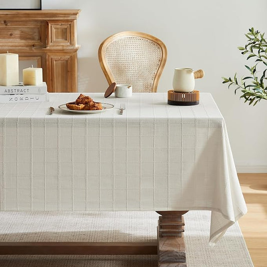 ZeeMart Linen Checked Table Cloth, Farmhouse Style Plaid Embroidered Neutral Tablecloth, Water Resistant Rectangle Table Cloth, Ivory 60x120 Inches