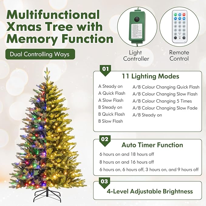 Happygrill 6 FT Pre-Lit Artificial Christmas Tree, Hinged Xmas Tree w/1168 Branch Tips, 350 LED Lights, 11 Lighting Modes, 3 Auto Timers, 4-Level Brightness & Remote Control, Decoration Tree for Party