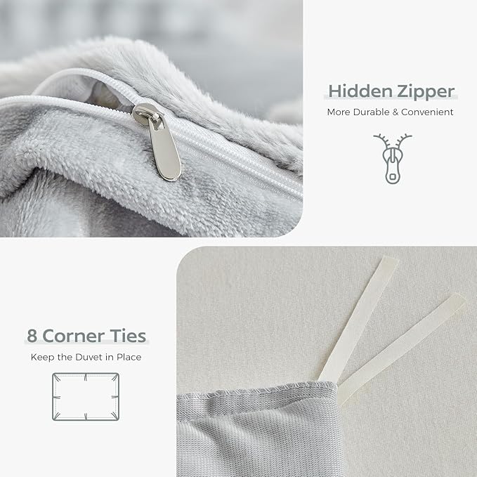 Tokokimo Fluffy Fleece Queen Size Duvet Cover Set, Ultra Soft Reversible Heavyweight Bedding Set, Extra Warm Winter Duvet Cover Set with 2 Pillow Cases, All Season Fuzzy Comforter Cover Set, Grey