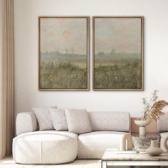 SIGNWIN Framed Wall Art Print Set Serene Meadow at Dawn Soft Impressionist Landscape Illustrations Minimal Decorative Nordic Zen Bohemian for Living Room, Bedroom, Office - 24"x36"x2 Natural