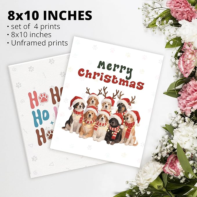 AEHIE Merry Christmas Funny dog Wall Art Poster Prints for Home, Dog Lovers Gifts Poster Prints, Cute Christmas Golden Corgi australian shepherd Pug Winter Animal Wall Art Unframed 4pcs 8x10inch