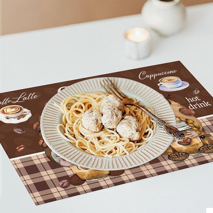 Coffee Gnomes Placemat Set of 4, 12x18 Inch Rustic Brown Plaid Buffalo Plaid Coffee Cups Beans Print Farmhouse Washable Heat Resistant Table Mats for Outdoor Farmhouse Kitchen Dining Decor