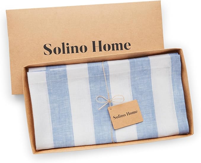 Solino Home Linen Square Tablecloth 52 x 52 Inch - Cabana Stripe, 100% Pure Linen Sky Blue and White Table Throw - Machine Washable Tablecloth for Christmas