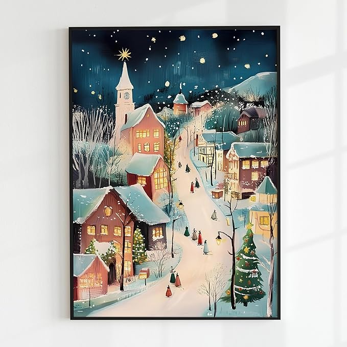 OZCONO Christmas Evening Village Wall Art for Winter Holiday Home Decor, Xmas Print, Cozy Snowy Town Scene Artwork for Seasonal, Warm Lights Winter Street Decoration (Unframed) (24x36)