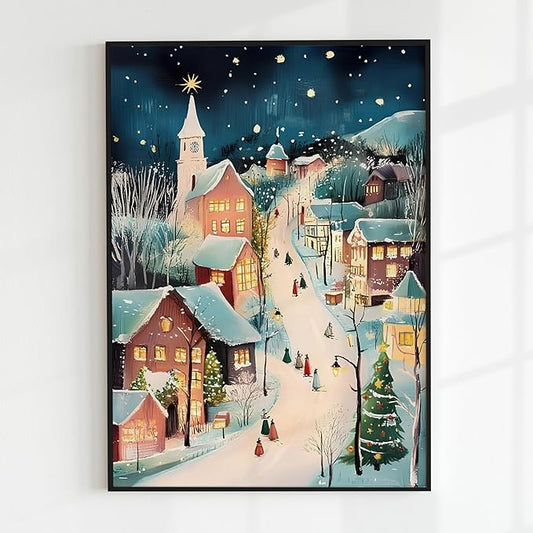 OZCONO Christmas Evening Village Wall Art for Winter Holiday Home Decor, Xmas Print, Cozy Snowy Town Scene Artwork for Seasonal, Warm Lights Winter Street Decoration (Unframed) (27x40)