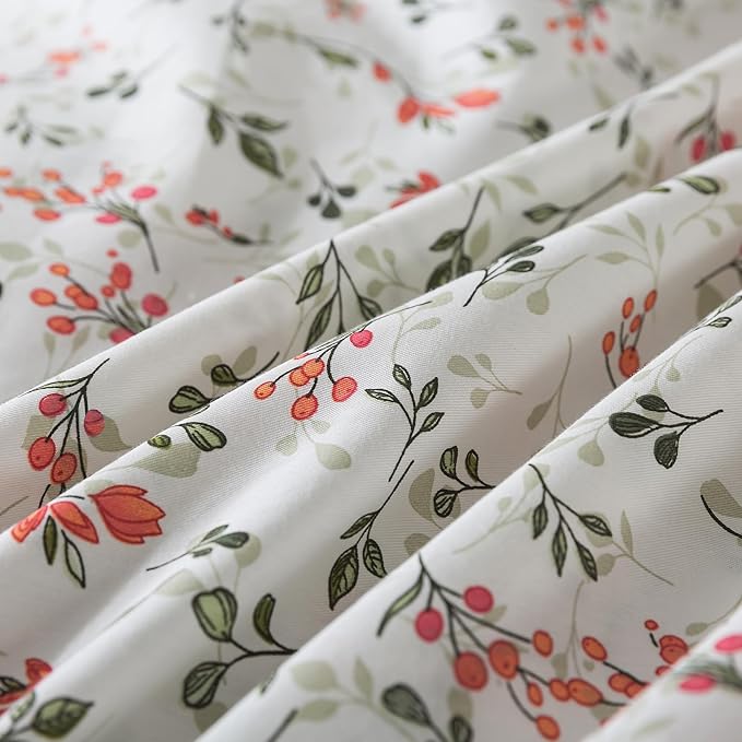HoneiLife Duvet Cover Queen Size - Cotton Comforter Cover Floral Duvet Cover Sets 3-PC, Soft & Breathable Duvet Cover with Zipper Closure & Corner Ties, Wildflower Comforter Cover Sets, Red Bean