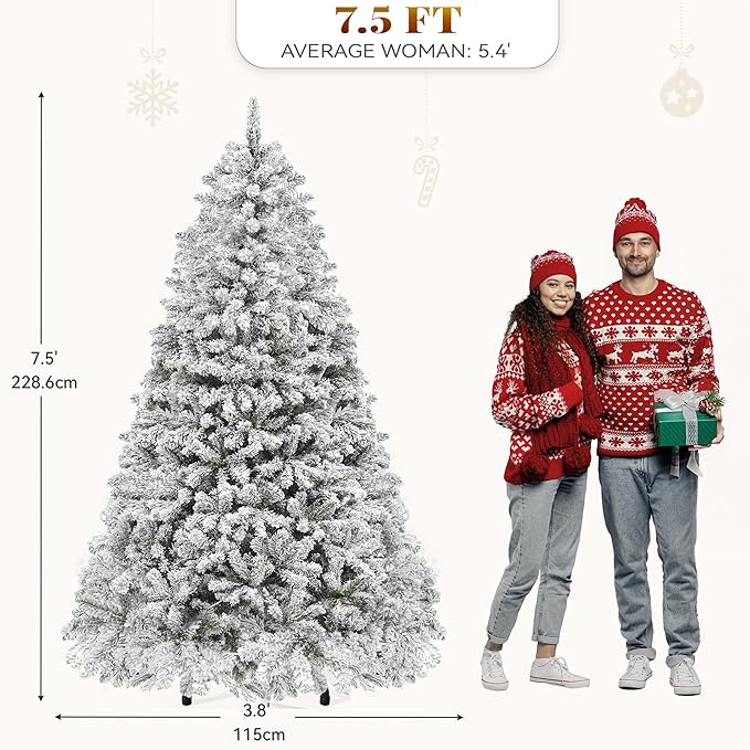 YITAHOME 7.5ft Prelit Snow Flocked Christmas Tree with Remote, Hinged Pine Christmas Tree with 550 Warm White/Multicolor Changing Lights, 1550 Branch Tips, and Foldable Base for Home, Party Decoration