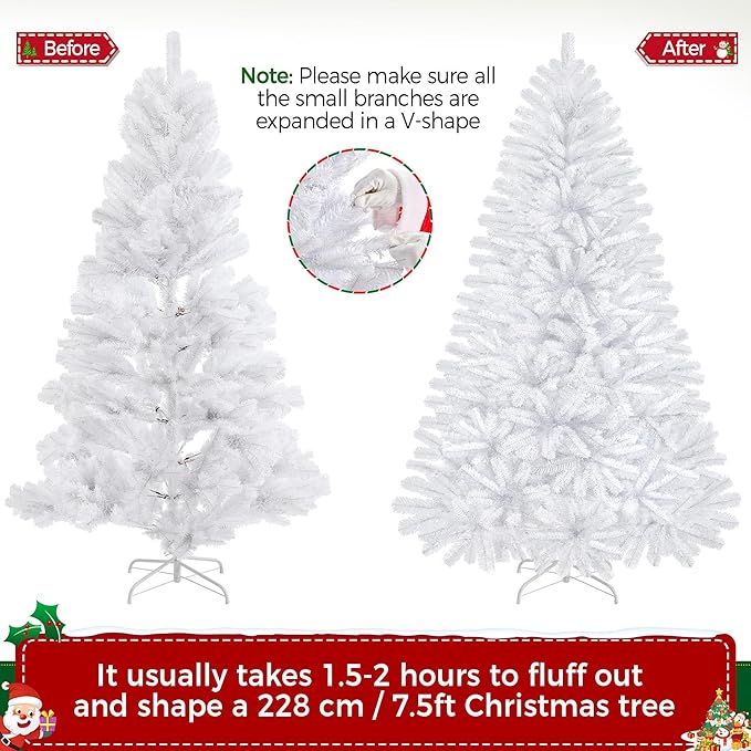 Yaheetech 7.5ft Pre-lit Spruce Artificial Hinged Christmas Pine Tree Prelighted Holiday Xmas Tree for Home Party Decoration with 550 Warm White Lights and 1354 Branch Tips, White