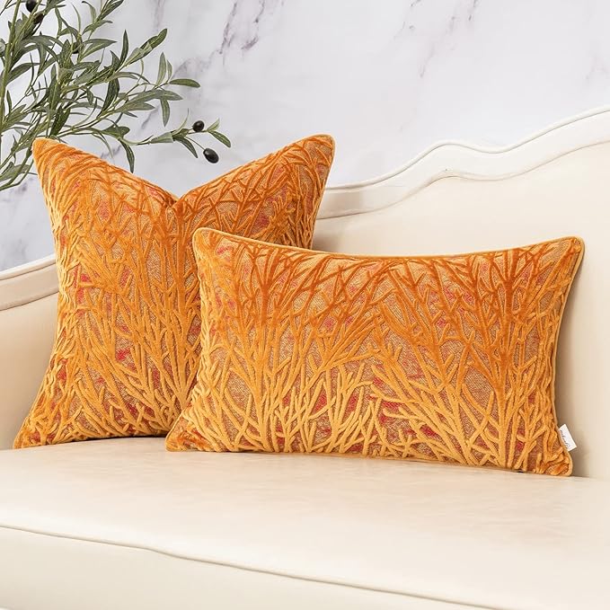 Yangest Orange Yellow Twigs Throw Pillow Cover Branches Velvet Cushion Case Neutral Pillowcase for Sofa Couch Bedroom Living Room Home Decor,18x18 Inch