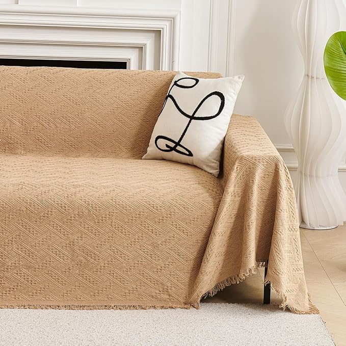 AIVIA Loveseat Cover Sheet Blanket, Woven Reversible Anti Slip Cushion Covers for 2 Seater Couches with Armrest, Love-Seat Furniture Decor Slipcovers Protector for Dogs Cats Pets (Khaki, 71” x 102”)