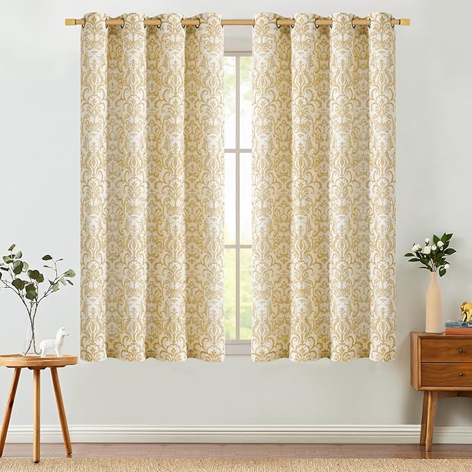jinchan Curtains for Bedroom, Light Filtering 63 Inch Length 2 Panels Set, Farmhouse Style Linen Blend Drapes Living Room, Vintage Damask Curtains, Grommet Top Mustard Yellow on Flax, W52 X L63
