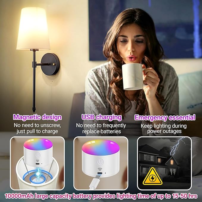 Battery Operated Wall Sconce Light with Remote Control, Dimmable Wall Sconce Set of 2 with White Fabric Shade, Wireless Battery Operated Wall Lamp for Bedroom Living Room, Bulb Included