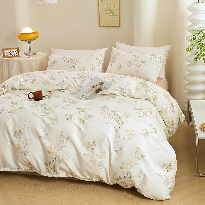 ECOCOTT Vintage Wash Painting Floral Duvet Cover Sets King Size,3 Pieces 100% Natural Cotton 1 Duvet Cover with Zipper and 2 Pillowcases, Ultra Soft and Easy Care Breathable Cozy Bedding Set