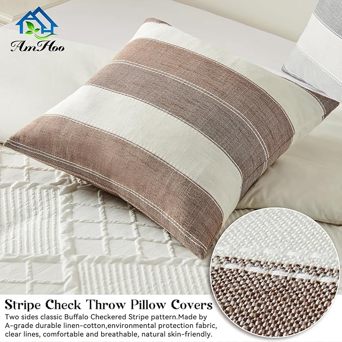 AmHoo Pack of 2 Farmhouse Stripe Check Throw Pillow Covers Set Case Cotton Linen Decorative Pillowcases Cushion Cover for Couch Bench Sofa 20x20Inch Brown