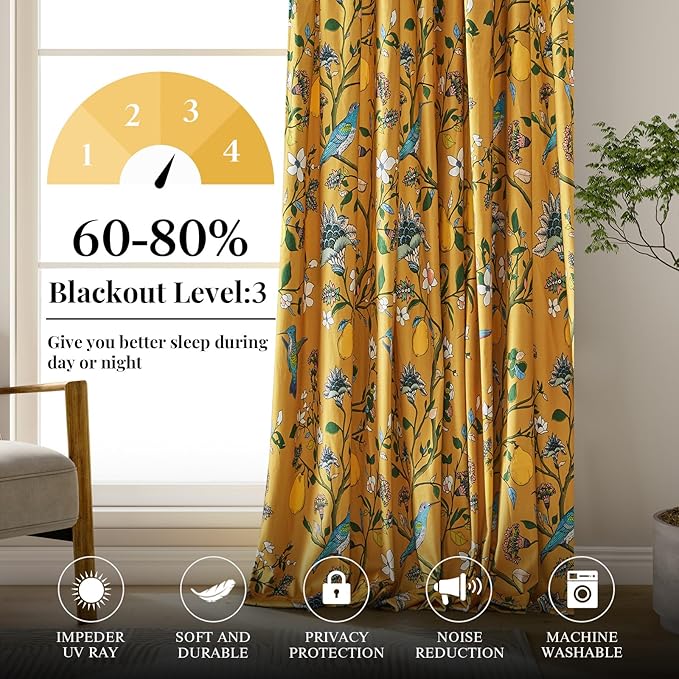MUSSEL Velvet Whimsical Floral Curtains 72 inches Long,Mustard Yellow Luxury Botanical Room Darkening Curtain Drapes,2 Panels Mid Century Hummingbird Art Deco Window Curtains for Living Room Bedroom