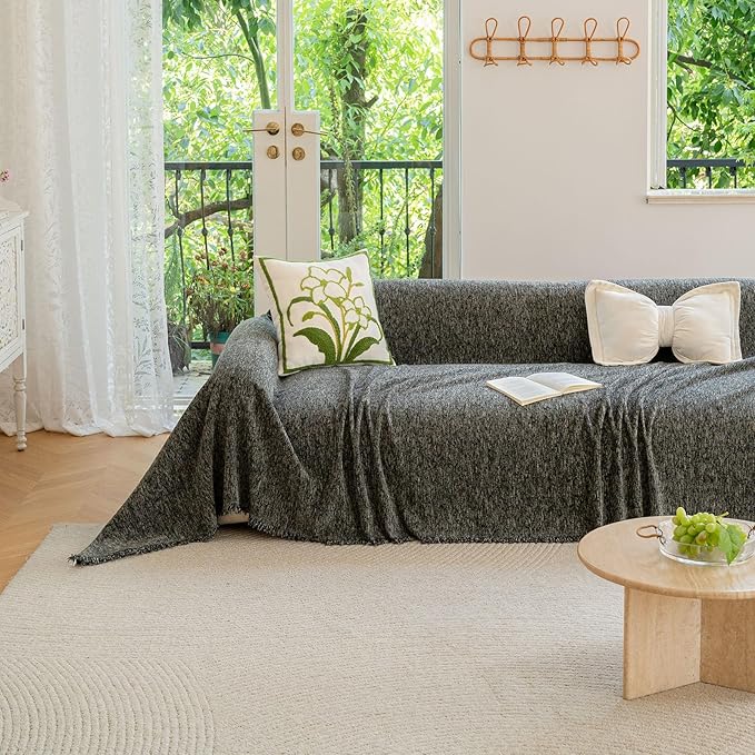 ROOMLIFE Gray Couch Cover Boho Sofa Covers for 3 Cushion Couch Washable, Furniture Protector Sofa Couch Cover for Dogs, Soft Chenille Sofa Slipcover, Couch Throw Blankets with Tassels 71 '' X 150''