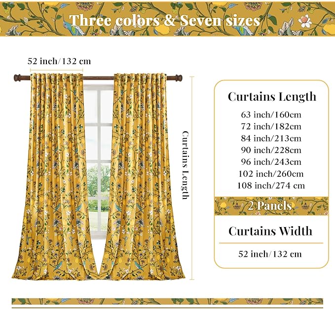 MUSSEL Velvet Whimsical Floral Curtains 72 inches Long,Mustard Yellow Luxury Botanical Room Darkening Curtain Drapes,2 Panels Mid Century Hummingbird Art Deco Window Curtains for Living Room Bedroom