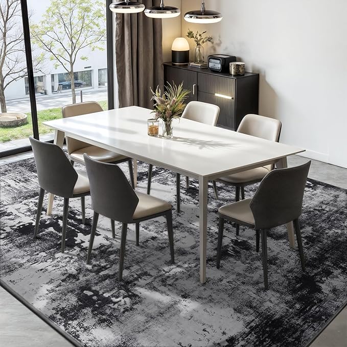 Rugflix 8x10 Area Rugs for Living Room, Washable Large Rug Stain-Resistant Low Pile, Modern Dark Carpet for Dining Room Home Office Kid Room Nursery Bedroom, Black Grey