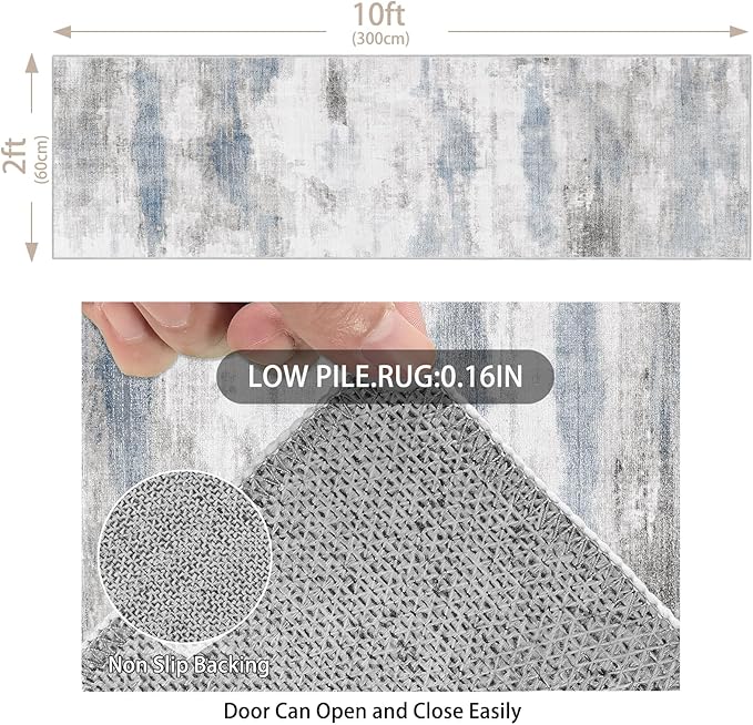 Enkor Runner Rug for Hallway, 2x10 Washable Soft Non Slip Abstract Rug for Kitchen, Modern Mat for Entryway Living Room Bedroom Blue & Grey