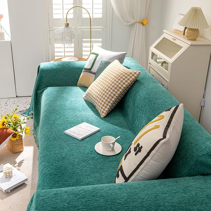 VClife Modern Teal Green Couch Cover Large Sofa Covers for Sectional Sofa Large Sofa Slipcover, Soft Chenille Couch Covers for 2 Cushion Couch Washable Living Room Furniture Protector, 71''x118''