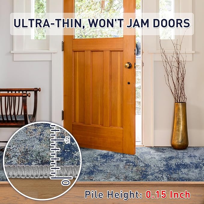 Machine Washable Area Rugs 2x3: Small Entryway Rug with Non Slip Backing Non Shedding Stain Resistant Abstract Carpet for Living Room Bedroom Kitchen Laundry Under Dining Table - Blue