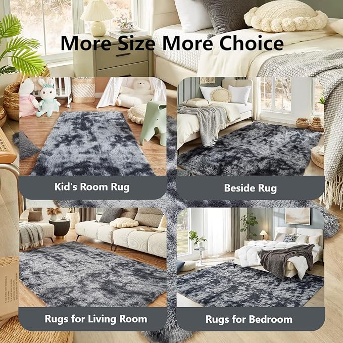 Floralux 8x10 Rugs for Living Room, Tie-Dyed Dark Grey, Ultra Soft Large Shag Bedroom Rug, Fluffy Plush Modern Floor Carpet
