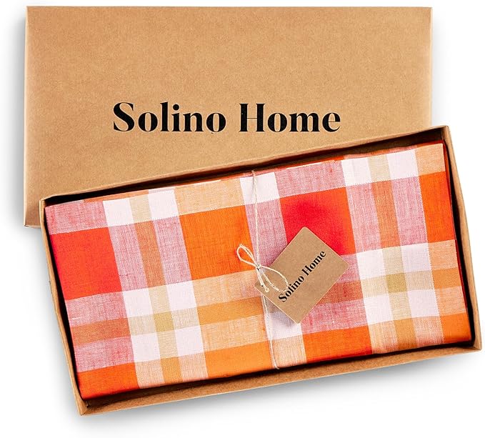 Solino Home Linen Tablecloth 60 x 108 Inch - 100% Pure Linen Plaid Pumpkin Table Cloth for Rectangle Tables - Autumn, Thanksgiving, Holiday, Fall Buffalo Check Machine Washable Tablecloth