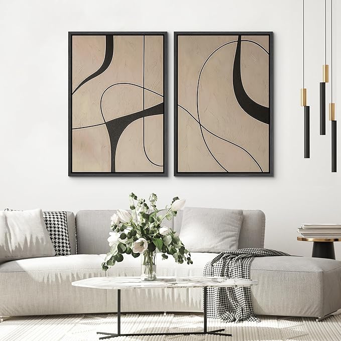 SIGNWIN Framed Canvas Print Wall Art Set Modern Beige and Black Abstract Curve Minimalist Geometric Modern Art Minimal Boho Relax/Calm for Living Room, Bedroom, Office - 24"x36"x2 Black